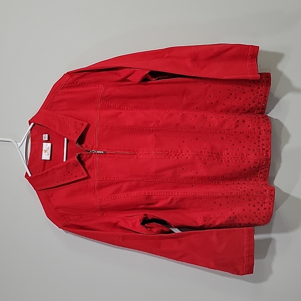 Quacker Factory Christmas Red Bling Rhinestone light jacket 1X